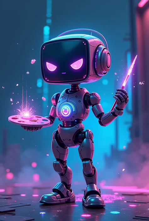 A futuristic, AI-driven mascot designed for an art-generation platform. The character is a sleek, humanoid robot with smooth, metallic features, glowing neon blue and purple circuits running across its body. It has an expressive face displayed on a digital...