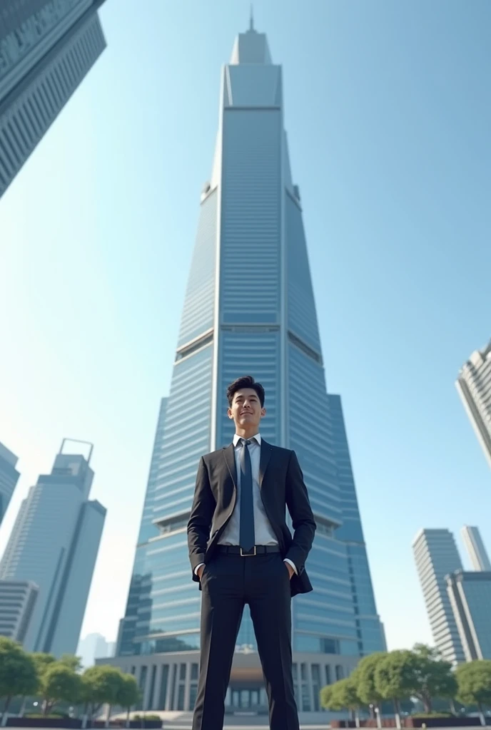 Draw a picture of the 101 Building in Taiwan and put a handsome guy standing in front of it.


