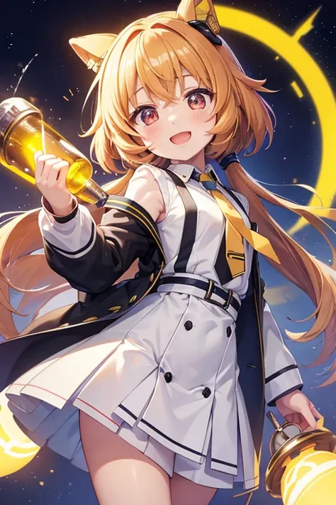 agnes tachyon (umamusume), yellow sweater, white jacket, black short_necktie, (expressionless smile), ((writing report in rabo)), oversized sleeves, ((chibi Character)), solo, open mouth, glowing object, sleeves past wrists, sleeves past fingers