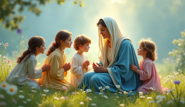 Ave Maria with children around: Mary sitting in a green field, with several children around him. She is smiling lovingly at them, dressed in a white and blue cloak, while children hold flowers and pray.