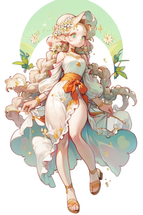 Naruru has a fair complexion and feminine figure with big, gentle green eyes partially slanted. Her thick, golden-blonde hair reaches her waist and curls inward. Her forelocks reach her chest and her bangs are in multiple braids tucked to the side with a f...