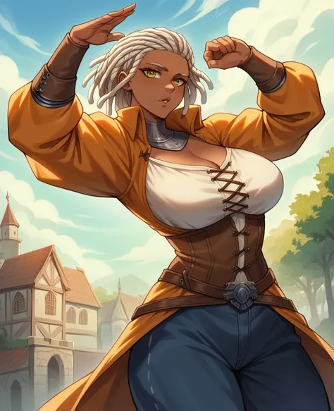  fantasy medieval Figther, abdômen toned, dark skin,milf,Woman, big breast, yellow eyes, fantasy medieval orange fur overcoat, dreadlocks white short hair, fantasy medieval loose pants, fantasy medieval sexy black figther clothes with orange details, fanta...