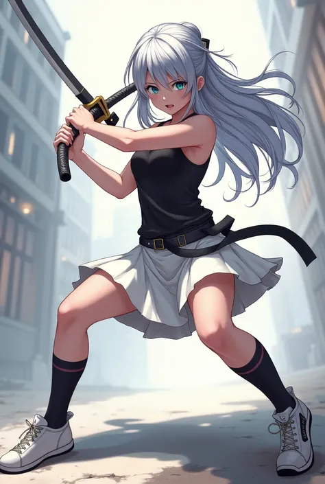 Girl, 20 years old, detailed, blue eyes, long hair, silver hair, left-sided bangs, black tank tops, white skirt, black socks, white shoes, holding dual katana, attacking at me, full body. 