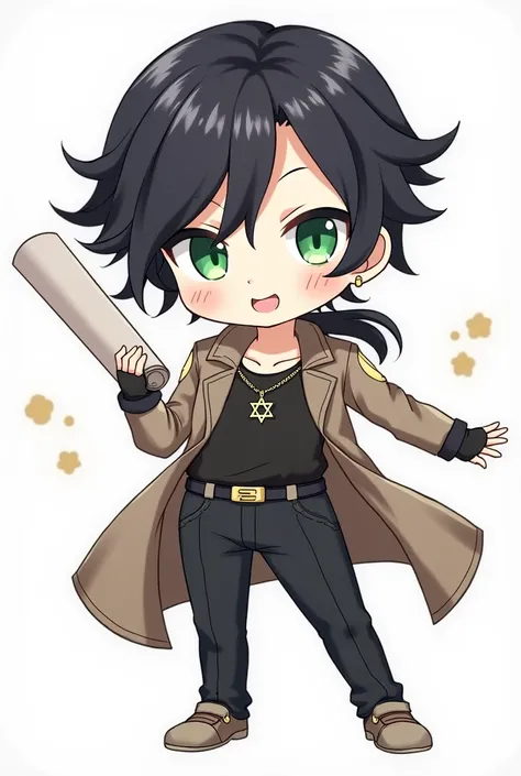 Create a chibi-style anime character based on a person with medium-length dark hair tied back in a low ponytail, inspired by Sieghart from Grand Chase. The character has light facial hair, sharp green eyes, and is wearing a casual but professional outfit—a...