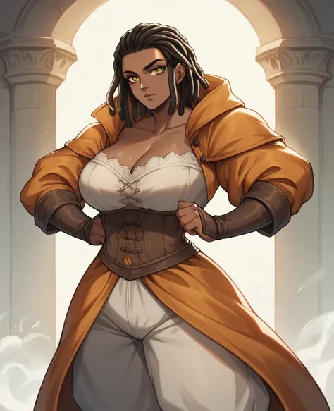  fantasy medieval Figther, abdômen toned, dark skin,milf,Woman, big breast, yellow eyes, fantasy medieval orange fur overcoat, dreadlocks white short hair, fantasy medieval loose pants, fantasy medieval sexy black figther clothes with orange details, fanta...