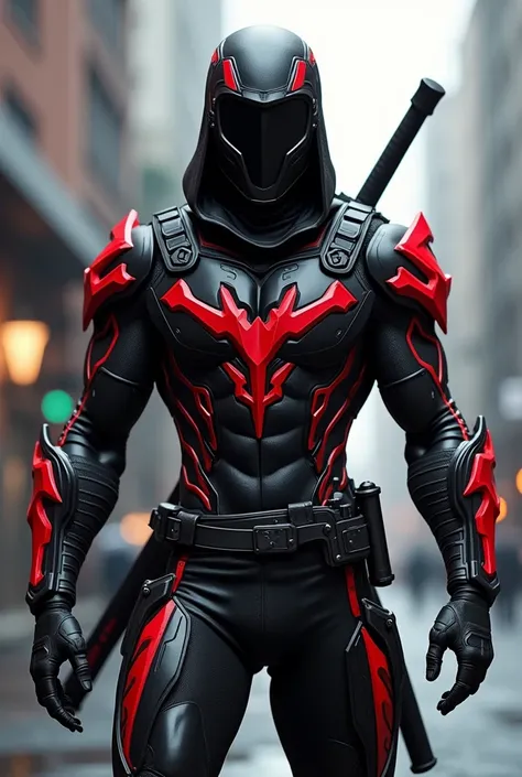 Super hero black and red ninja style suit armed with 2 small shields on each arm and a sword full mask