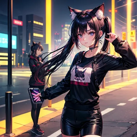 Short leggings　((Beautiful girl holding a mobile phone in her hand)) 4K  8K:: Cyberpunk::1 --v 4 --quality 2 anime girl、Long hair and cat ears、on the road　Twin tails