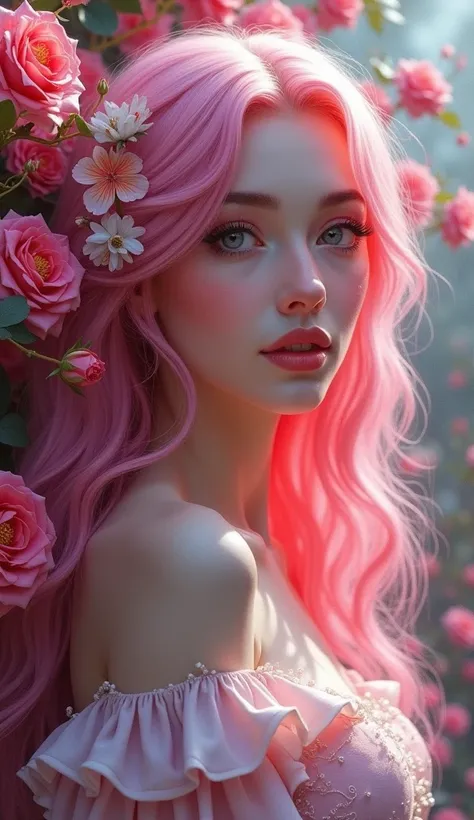 a painting of a woman with pink hair and roses, epic fantasy card game art, rendering of beauty pageant, inspired by Todd Lockwood, long silver hair with a flower, or perhaps a fairy tale, animated disney movie palette, the artist has used bright, art rend...