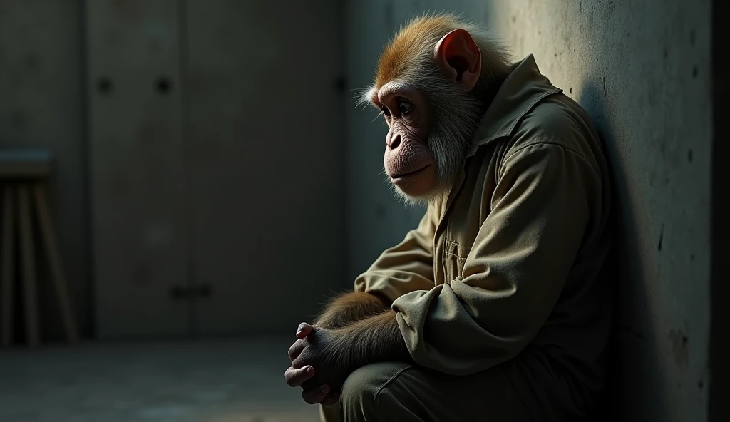 a detailed image of a contemplative monkey sitting alone in a somber setting, reflecting on its actions with a deep sense of regret. The monkey, dressed in simple, worn clothing, should be seated on a bench or in a small, dimly lit room, with its head bowe...