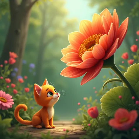 small orange cat scared looking at a big flower in the middle of a garden