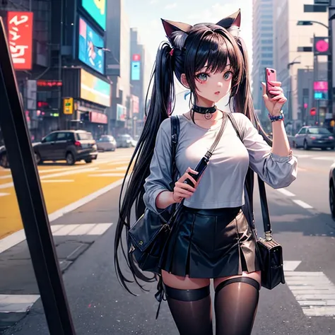 Short leggings and a mini skirt　((Beautiful girl holding a mobile phone in her hand)) 4K  8K:: Cyberpunk::1 --v 4 --quality 2 anime girl、Long hair and cat ears、on the road　Twin tails