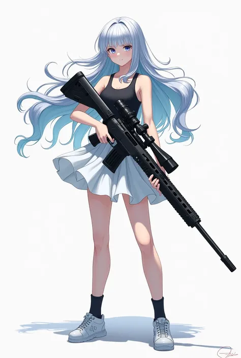 Girl, 20 years old, detailed, blue eyes, long hair, silver hair, left-sided bangs, black tank tops, white skirt, black socks, white shoes, using Sniper rifle, full body. 