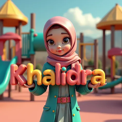 5d manipulation, A girl in hijab holding a colorful 3D word with the name "Khalindra" , on the playground