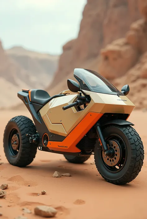 live-action、Real、Sand beige and orange military sidecar prototype、Off-road、Made by Honda、firmness、Futuristic Design