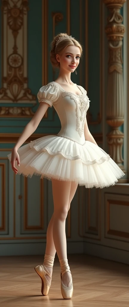 Photographic picture, super realism, Side view, Full body, Ballet pose, Plié, (a bending of the knees while keeping the heels on the ground), looking at viewer, French female, Age: 20-age, she is French ballerina,  (blond hair , chignon , fringe,  beautifu...