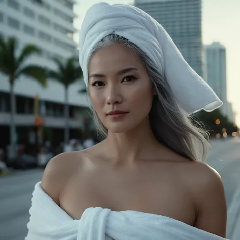 cinematic film still of bright light, bright, a middle age d sexy gray haired still very young looking Asian woma n wearing only a white towel on her head completely covering her head and she is naked full body view she is walking around the city of Miami ...