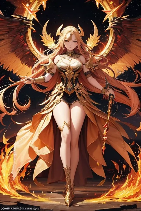 Fullbody,masterpiece,best quality,4k,Digital fantasy artwork featuring a powerful female warrior angel embodying both a blazing inferno and the essence of time. The character stands confidently, adorned in intricate armor with sharp, angular designs, one s...