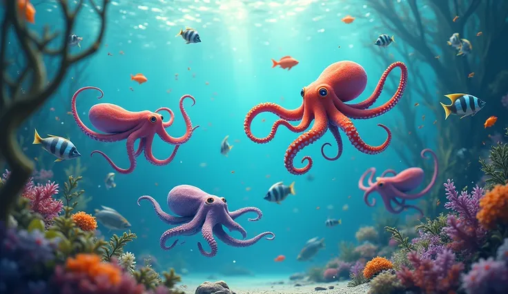 different octopuses swimming. fish around.