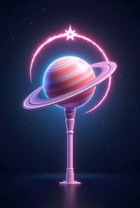 Create a BTS lightstick in the shape of a planet with rings and the BTS symbol  , the planet is circled by a shooting star that extends to the base , aobde the button is star shaped