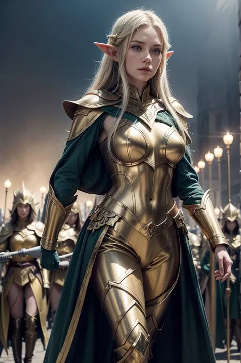 great elven army marching to battle in their golden armor 