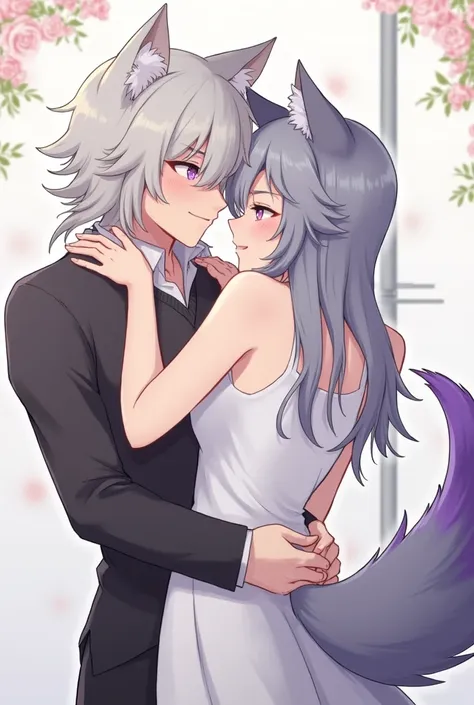 Adult Girl with grayish hair with a purple lock of hair and wolf ears and tail, She is wearing a white dress hugging her best friend, an adult boy with cat ears and tail, with purple eyes and saturated gray hair. 