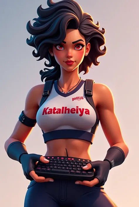 skin fortnite fille avec des cheveux curly a la couleur de peau blanche avec un visage latine avec des yeux rouge  avec une tenue de sport écrit Katalheiya sur le haut avec un clavier pc gamer a la main avec une poitrine forte