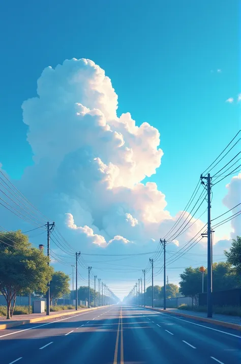 Futuristic clouds, blue and cyan, horizon without character in the scene, street in the late afternoon
