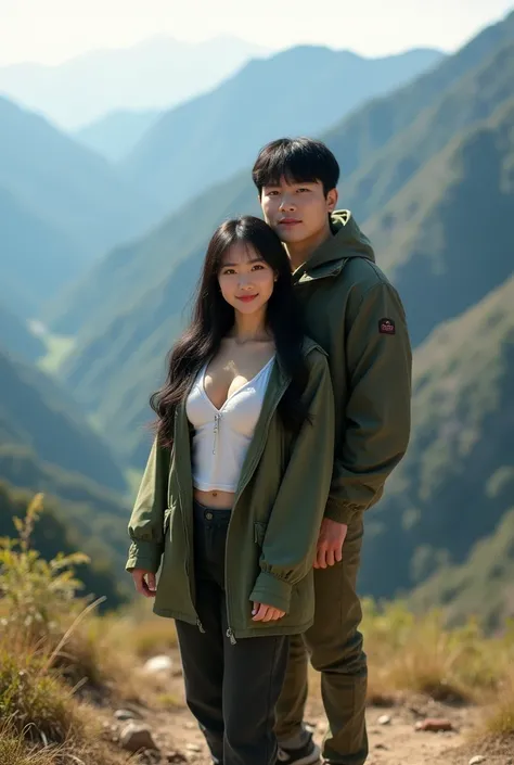 Chinese girl, white skin, shaggy breasts, big breast, straight black hair, detailed fingers and nails, naughty smile, thick body, sexy body, curvy waist, milky white skin, green hiking jacket with zipper, standing on a peak of a hill, mountain background, ...