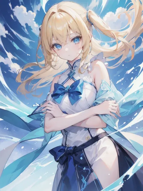 (((One Girl)))、A beautiful  with blonde hair and folded arms, clad in blue lightning.、Bust up shot、Fantasy、The background is white clouds、look here、A pale light that illuminates the whole