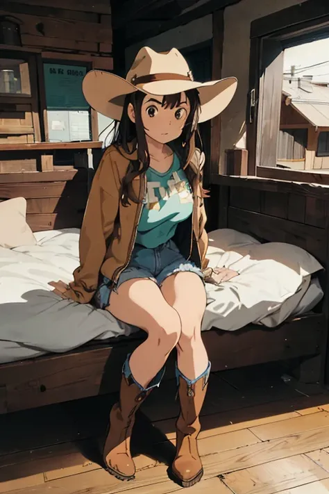 1 female, brown long anime hair, huge breast, teenage girl, brown eyes, thick eyebrows, cowgirl clothes, cowboy hat, jean short, short short, jacket, boots, house, thick legs, home, in the bed, sitting down