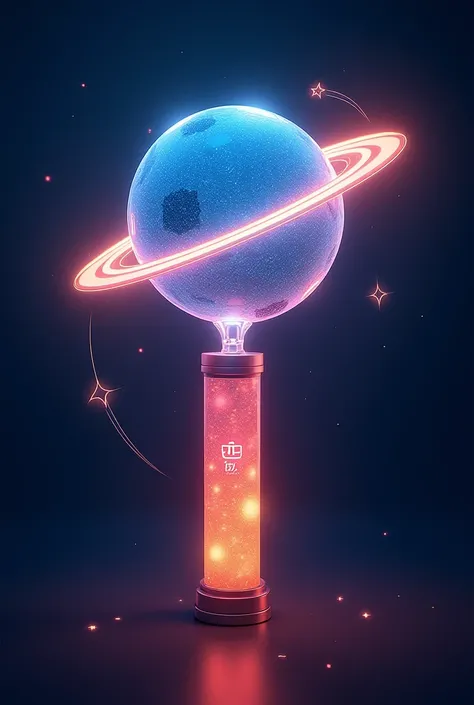 Create a BTS lightstick in the shape of a planet with rings and the BTS symbol  , the planet is circled by a shooting star that extends to the thick, cylindrical base, aobde the button is star shaped