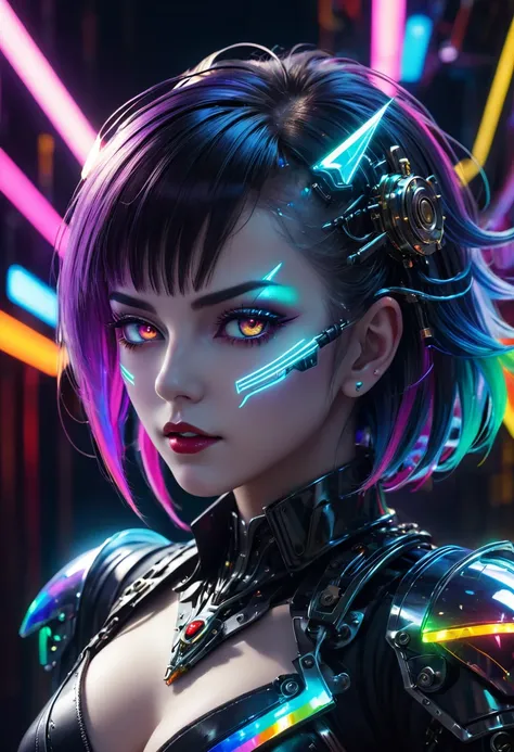 Cybernetic vampire,vampire, metal mechanical surface，Mechanical joint，Wearing mecha,mechanical structure，Liquid Metal，High-tech equipment，cyberpunk，steampunk，fault art，Holographic projection，mechanical aesthetics，，neon lights，laser light，fluorescence，space...