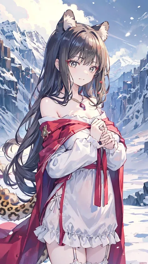 (masterpiece, :1.2),1 Girl, Upper body,Tail, large Tail, White hair, Very long hair, curls, Gray eyes, deTailed eyes, Colorful hair, ring, Bead necklace, Animal ears, Leopard ears, Black cape, White Dress, 【Sloped roof vents, Pelvic Curtain, Grey knee sock...