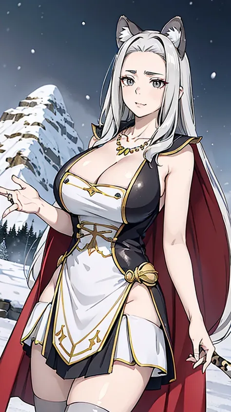 (masterpiece, :1.2),1 Girl, Upper body,Tail, large Tail, White hair, Very long hair, curls, Gray eyes, deTailed eyes, Colorful hair, ring, Bead necklace, Animal ears, Leopard ears, Black cape, White Dress, 【Sloped roof vents, Pelvic Curtain, Grey knee sock...