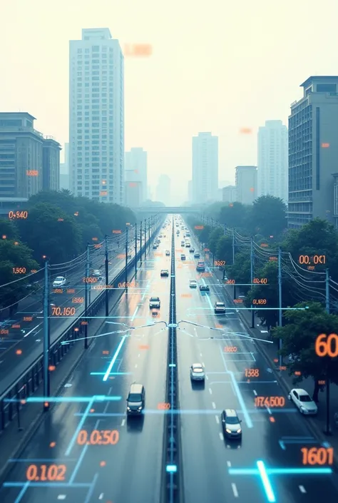 Indian urban road scene where all buildings and poles tress only have a graph node circle on it with some random number in it and all edges have some random integers on top the edge lines 