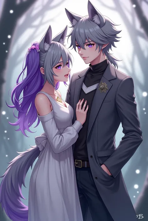 Adult Girl with grayish hair with a purple lock of hair and wolf ears and tail, She is wearing a white dress standing next to an adult boy with cat ears and tail with purple eyes and saturated gray hair 