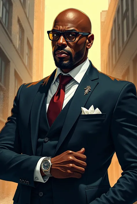 a bald black man in a suit and glasses pimp in a drawing