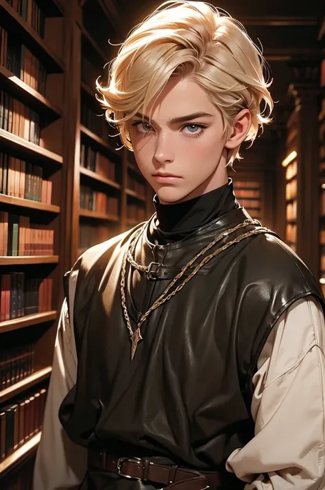 Young blond man, short wavy hair styled backwards, hazel eyes, sulky, black leather hunter style outfit, medieval style library, night, black mask over mouth, long eyelashes, beautiful eyes, soft colors, serene atmosphere, high quality, detailed, photoreal...