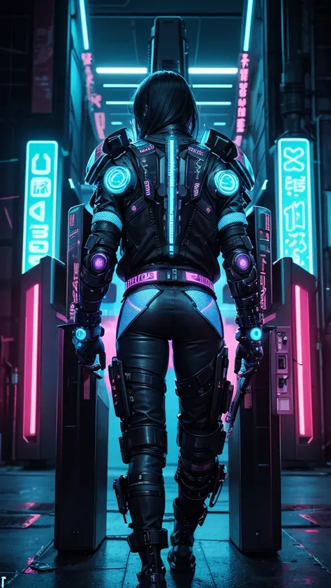 Design a cyberpunk-themed t-shirt, set against a futuristic, acid-washed background that exudes a gritty, neon-lit atmosphere. The front of the t-shirt showcases a bold, fiery-blue digital circuitry pattern, intricately woven with cybernetic designs and gl...