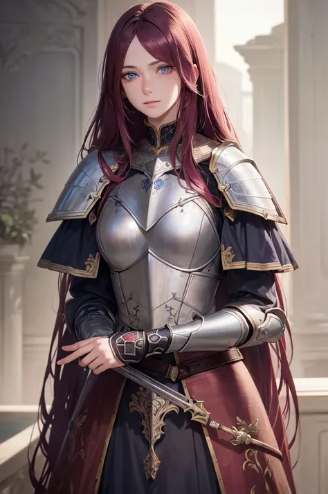 masterpiece, (realistic), highres, highly detailed, intricate, beautiful woman, magenta Long hair, Blue eyes, freckles, detailed face, knight, Red and Black armor.