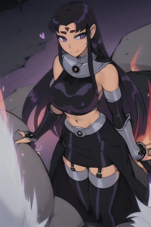 (1girl,starfirensfw,blackfire ,(silver gorget:1.4),purple eyes,(black hair),long hair,(black skirt),vambraces,parted bangs,,outd...