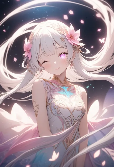 smiling, long flowing white hair, slightly curled, pink flower hair accessory, glowing eyes, detailed floral-patterned dress, ethereal and intricate design, no visible jewelry, relaxed and joyful pose, head slightly tilted, looking at the camera with one e...