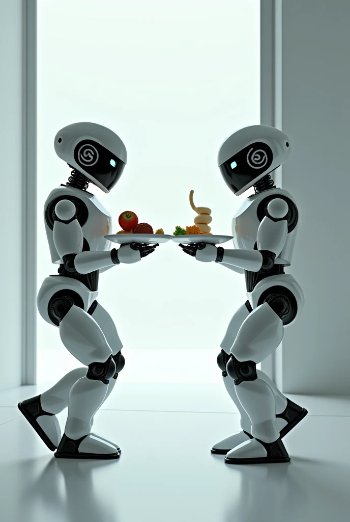 Two robot eating food in a room and dancing 