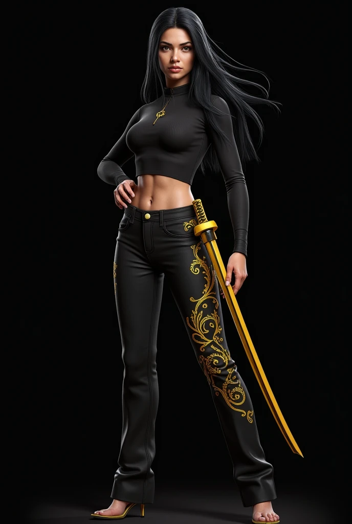 Create for me in a realistic style a Brazilian female character from the game Free Fire, with long black hair, the character is wearing a black turtleneck shirt, and black pants with yellow designs on the pants,  the image background is black. the characte...