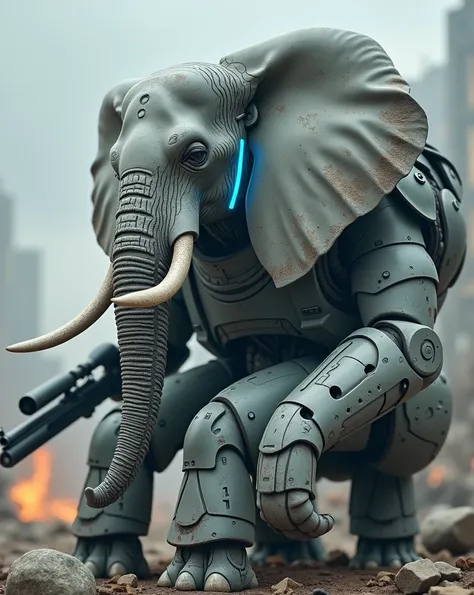 A realistic image of an elephant wearing the armor of a futuristic soldier, with battle scratches. The elephant sits among the ruins of a destroyed futuristic city. His armor is in shades of gray with some neon blue details.. Next to her is a large shotgun...