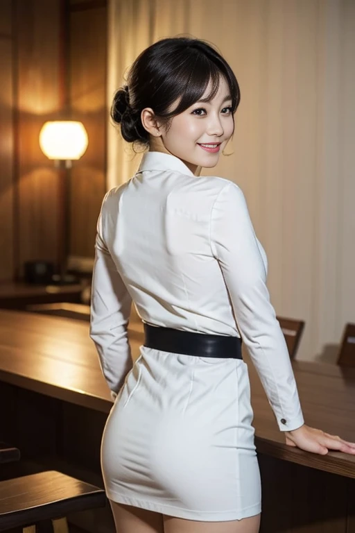 Masterpiece, top quality, Japanese mature woman, white collared shirt, (black tight skirt: 1.3), business woman, photo from the calf up, beautiful skin-colored thighs, beautiful skin-colored calves, smiling, bangs, updo, beautiful and delicate eyes with at...