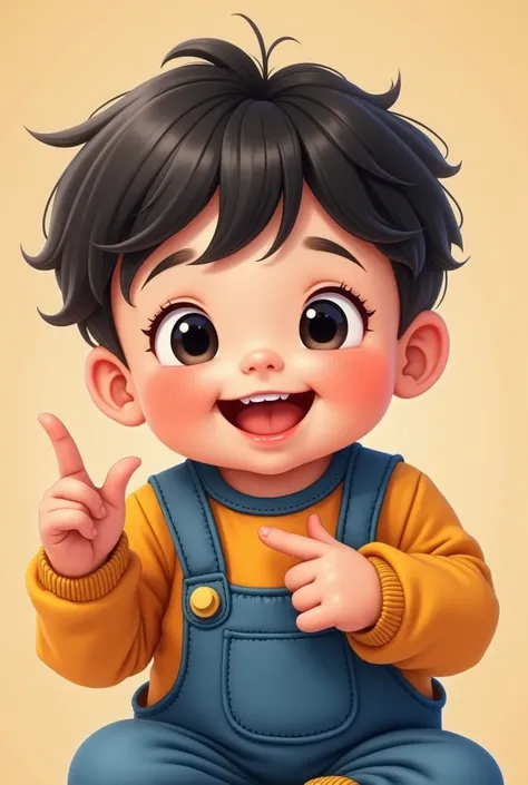 baby boy one year old, straight black hair with curly ends white skin black eyes wide smile with. two teeth making number one with finger wearing blue and orange clothes  