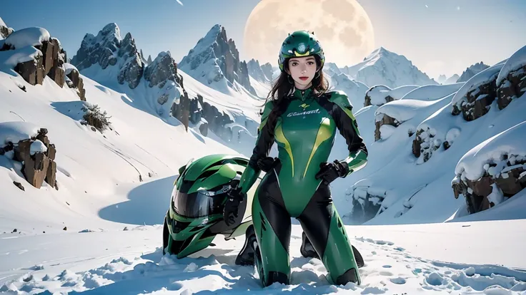 Highest image quality, Outstanding details, Ultra-high resolution, (Realism: 1.4), Best example, Favor the details, Highly concentrated Anne Hathaway, Beautiful face, Full breasts,Long legs,Wearing a green all-inclusive bright one-piece rubber suit mecha,W...