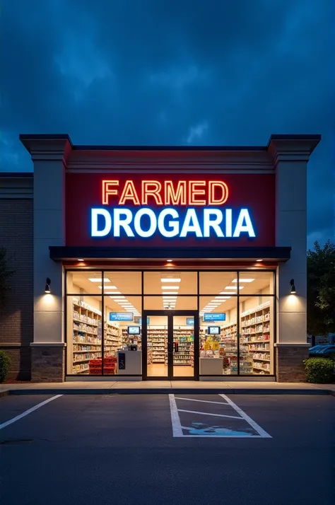 Create a simple pharmacy facade, uplit, with parking, and on the facade the name “FARMED DROGARIA” written in red, white and azure
