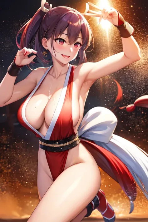 masterpiece, best quality, beautiful art, high resolution, well formed hands, body and fingers, 1 woman, solo, Ai Chan, red makeup, red lipstick,adult, grown up,  cosplaying as Mai Shiranui , mai_shiranui_cosplay, adult, large and big breasted, cleavage, f...